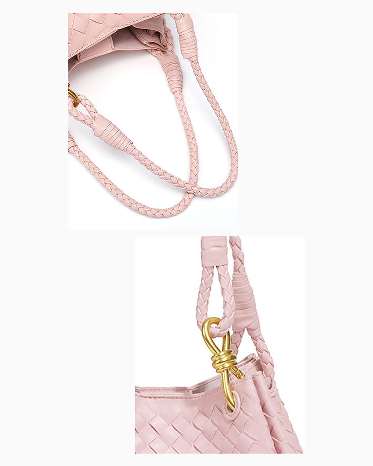 Texture and hardware details of Vegan Leather Woven Parachute Bag with Detachable Strap, Light Pink Color