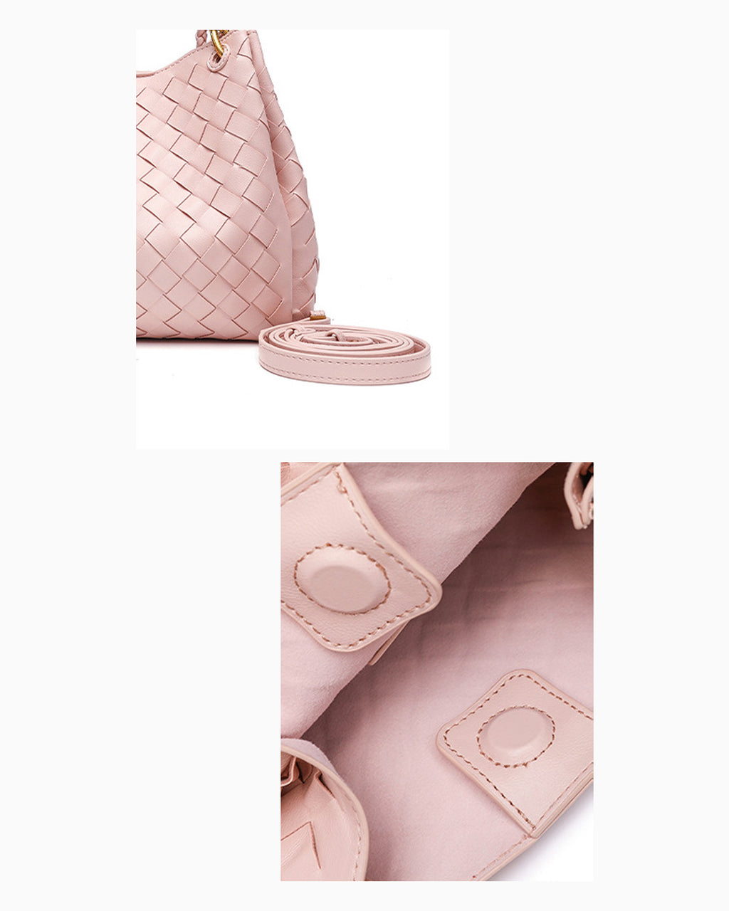 Strap and magnet closure details of Vegan Leather Woven Parachute Bag with Detachable Strap, Light Pink Color