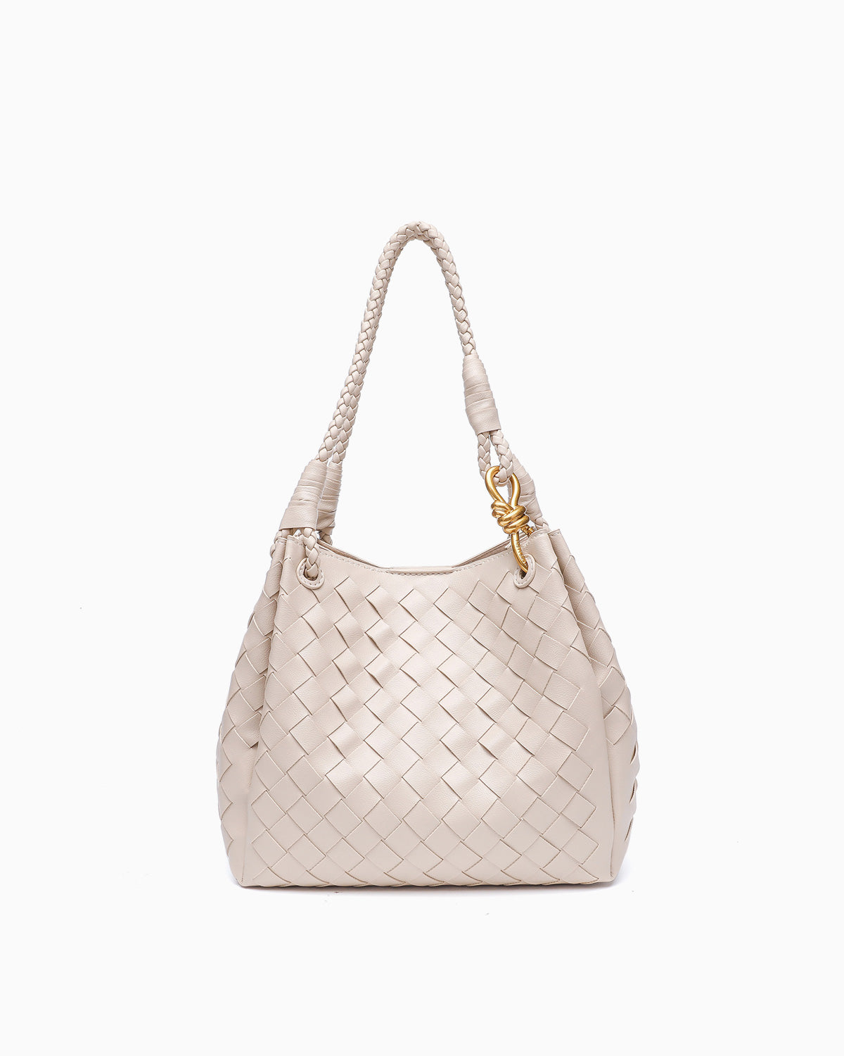 Trendy, Spacious & Stylish Vegan Faux Leather Woven Parachute Bag with Detachable Strap and Knot Detailing, Sand Color