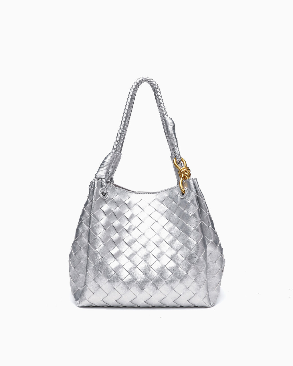 Trendy, Spacious & Stylish Vegan Faux Leather Woven Parachute Bag with Detachable Strap and Knot Detailing, Silver Color