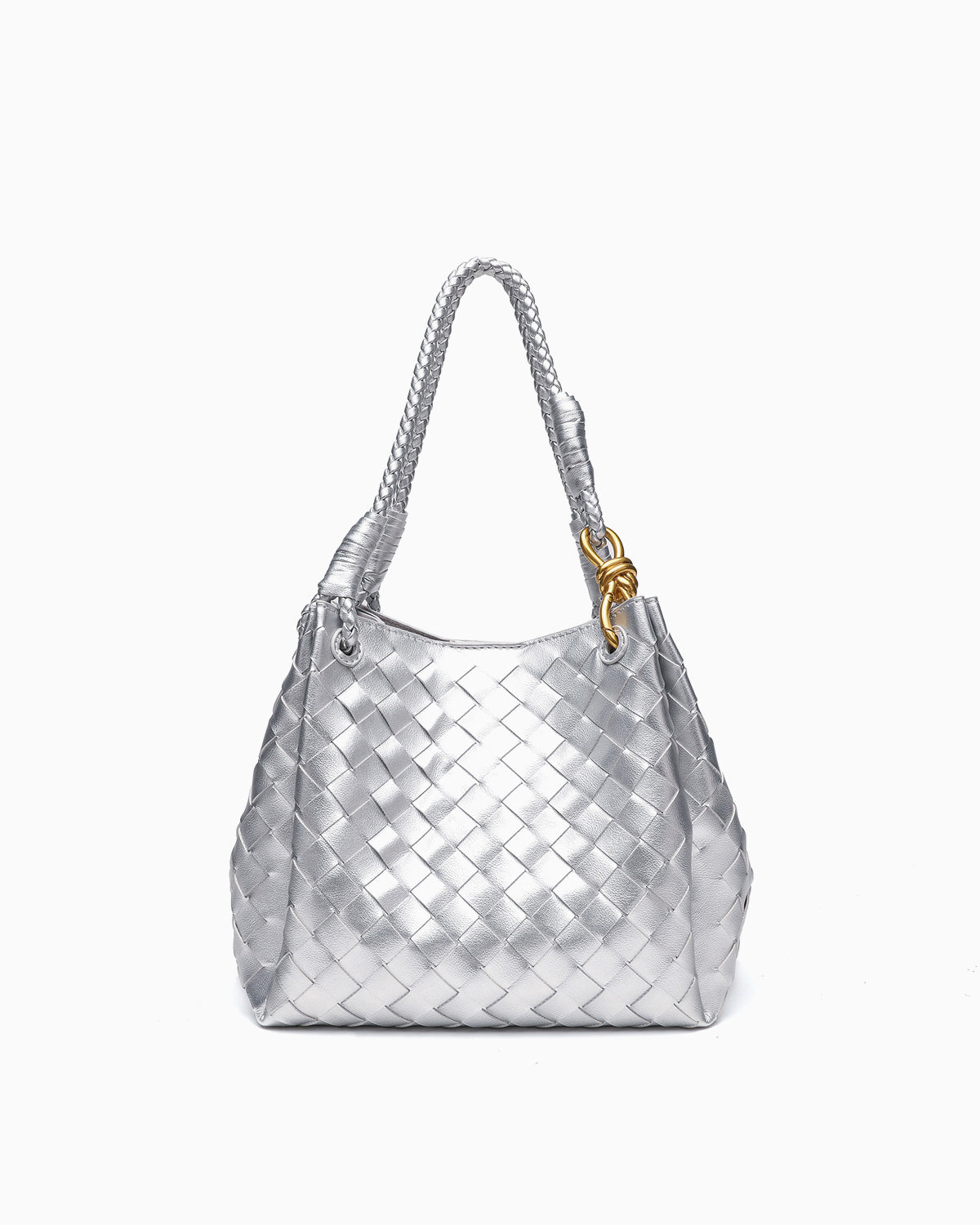 Trendy, Spacious & Stylish Vegan Faux Leather Woven Parachute Bag with Detachable Strap and Knot Detailing, Silver Color