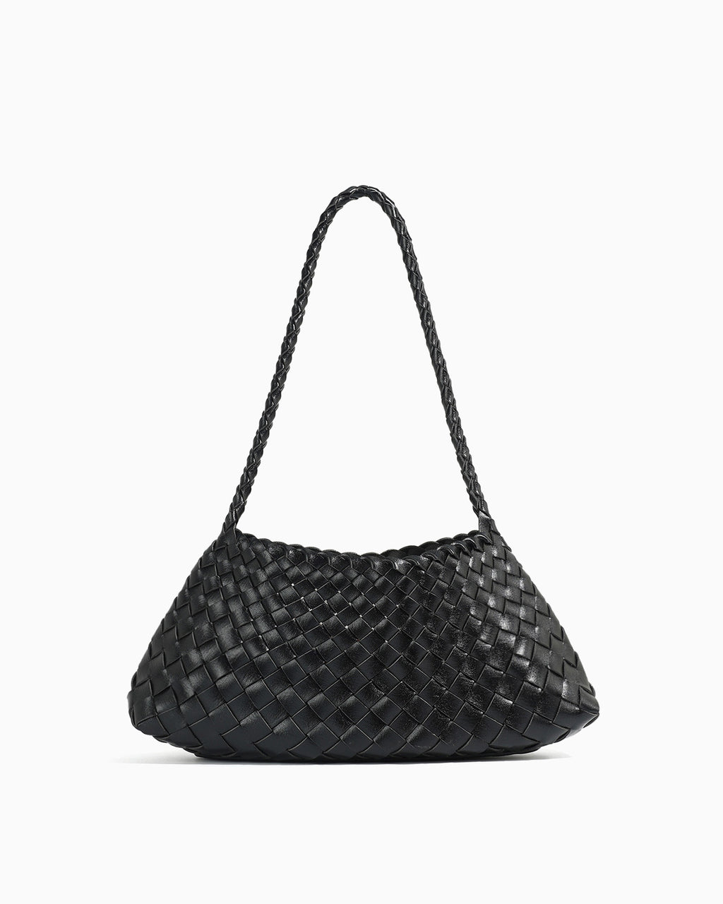 Vegan Faux Leather Woven Shoulder Bag with Removable Pouch, Black Color