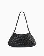 Vegan Faux Leather Woven Shoulder Bag with Removable Pouch, Black Color