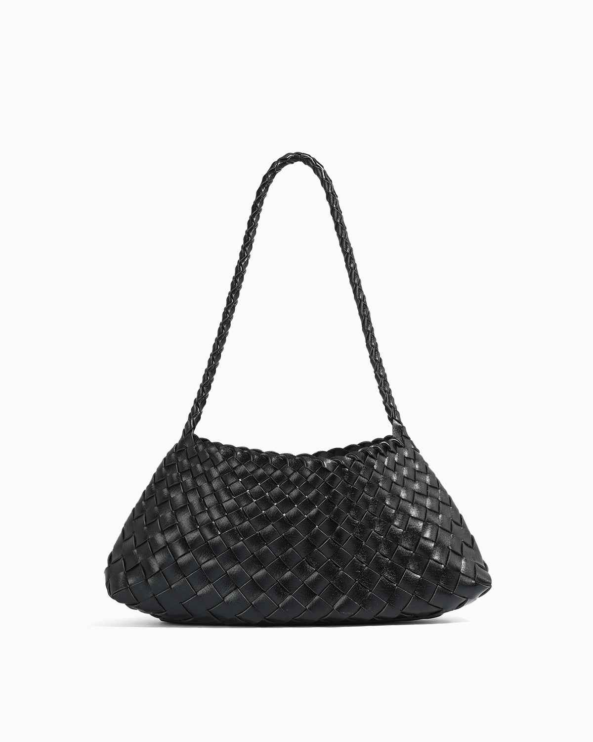 Vegan Faux Leather Woven Shoulder Bag with Removable Pouch, Black Color