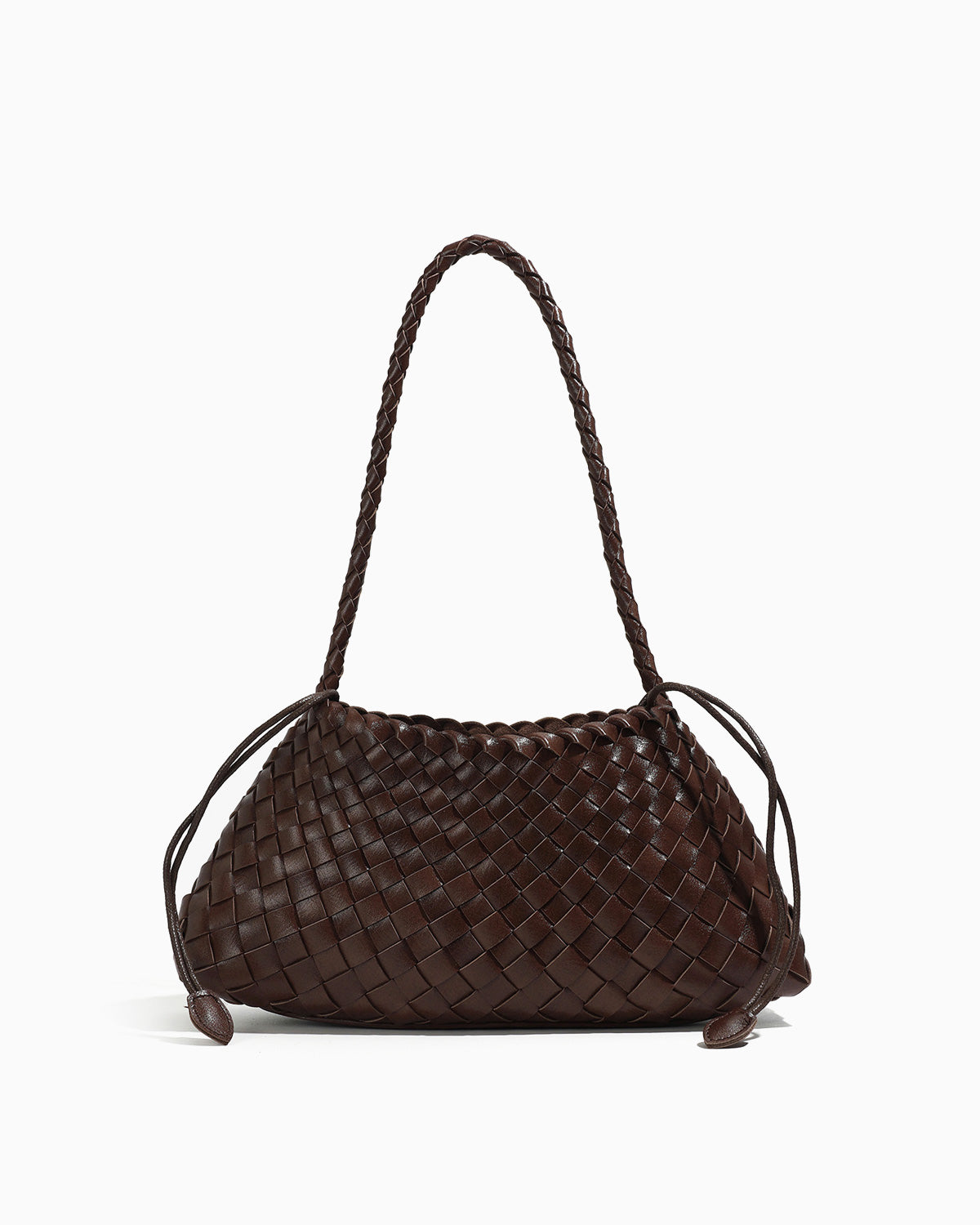 Vegan Leather Woven Shoulder Bag with Removable Pouch, Chocolate Color