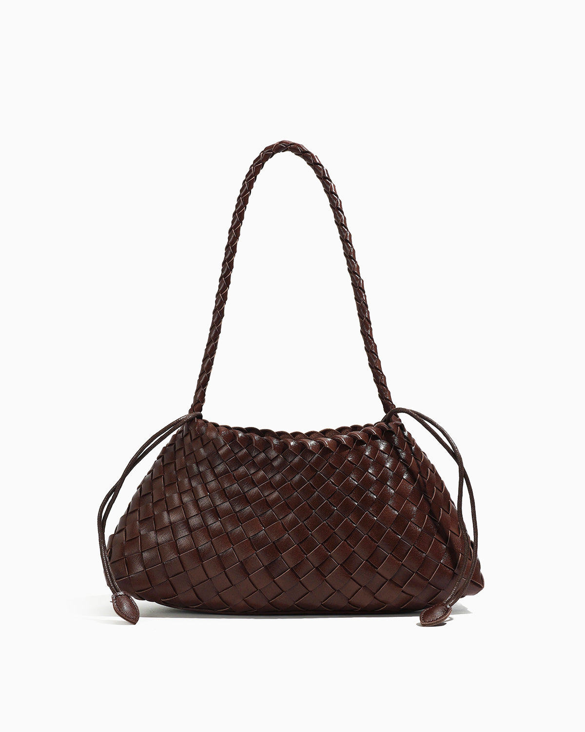 Vegan Faux Leather Woven Shoulder Bag with Removable Pouch, Chocolate Color