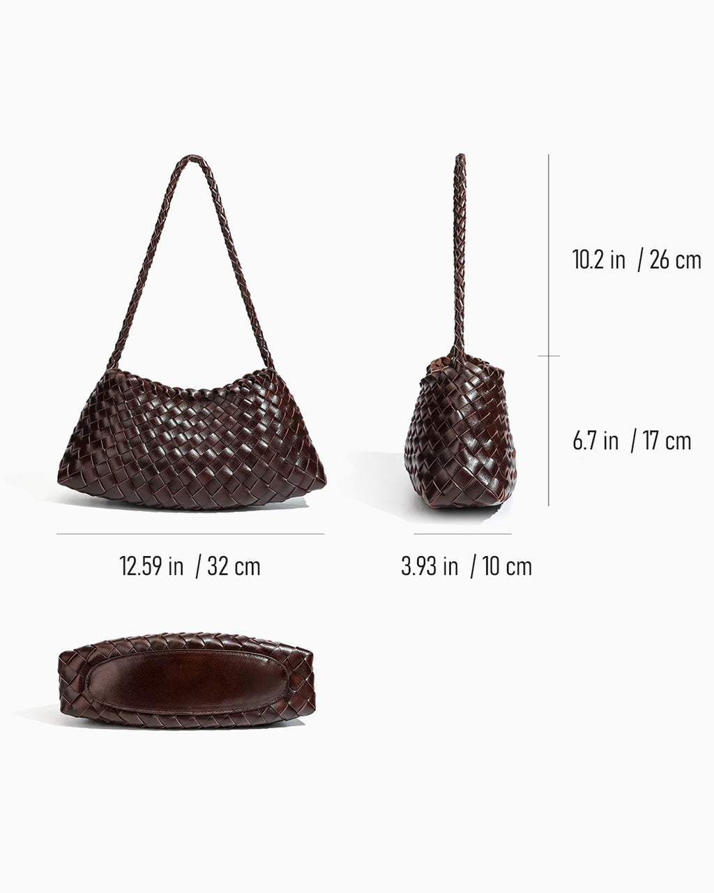 A dark brown woven shoulder bag shown from multiple angles with dimension labels and measurements