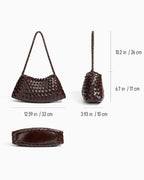 A dark brown woven shoulder bag shown from multiple angles with dimension labels and measurements
