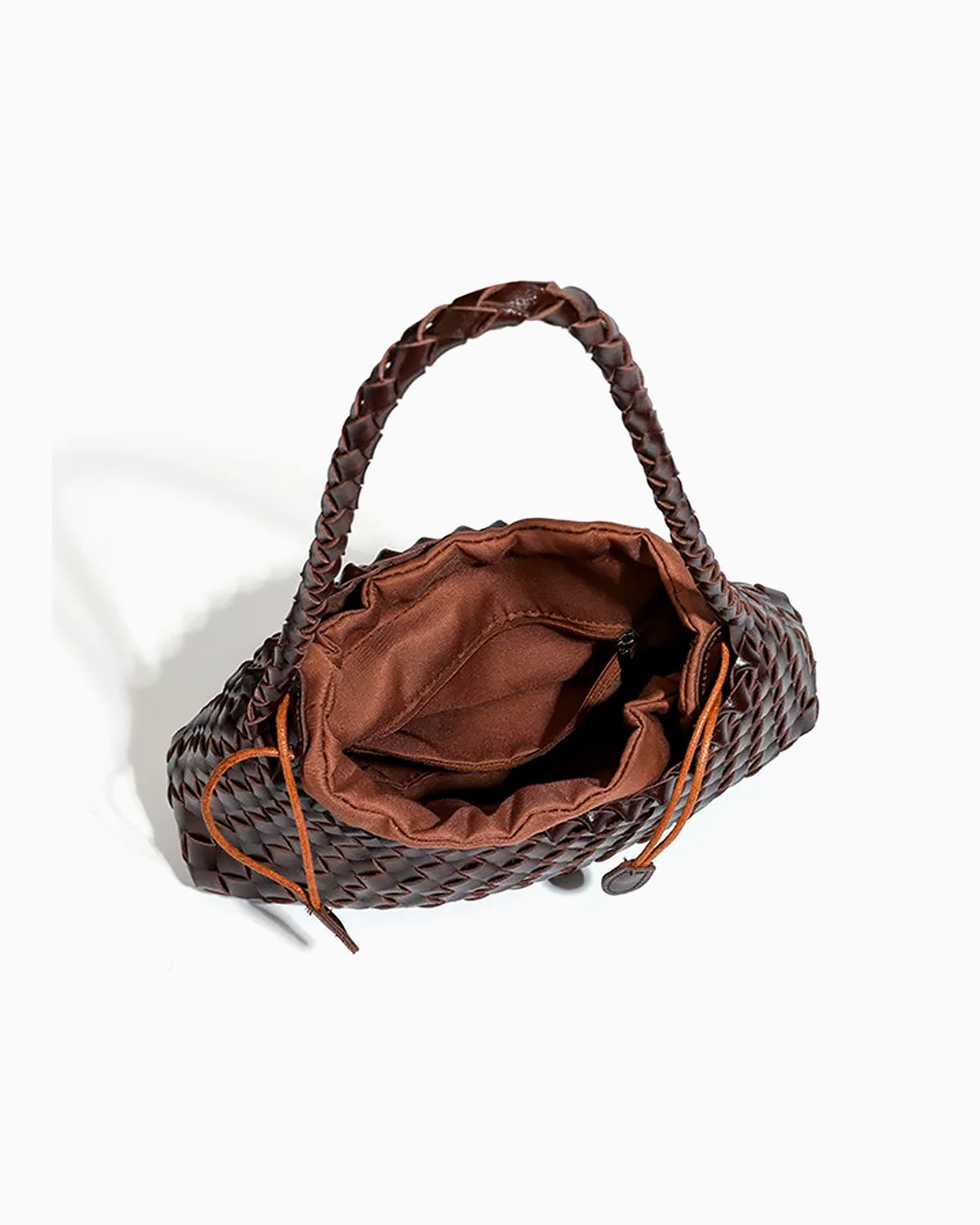 A dark brown woven leather handbag with a braided top handle, shown from an overhead angle to showcase the inner pouch with compartments.