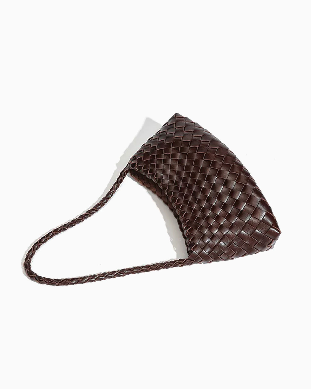 A dark brown woven leather shoulder bag with a braided strap, photographed on a clean white background.