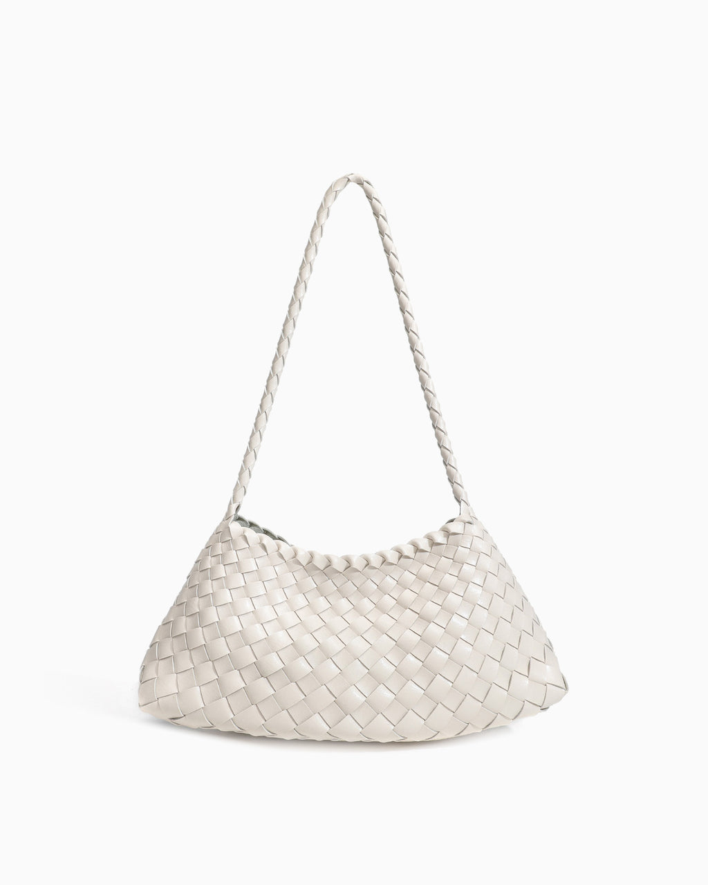 Vegan Leather Woven Shoulder Bag with Removable Pouch, Off-White Color