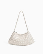 Vegan Leather Woven Shoulder Bag with Removable Pouch, Off-White Color