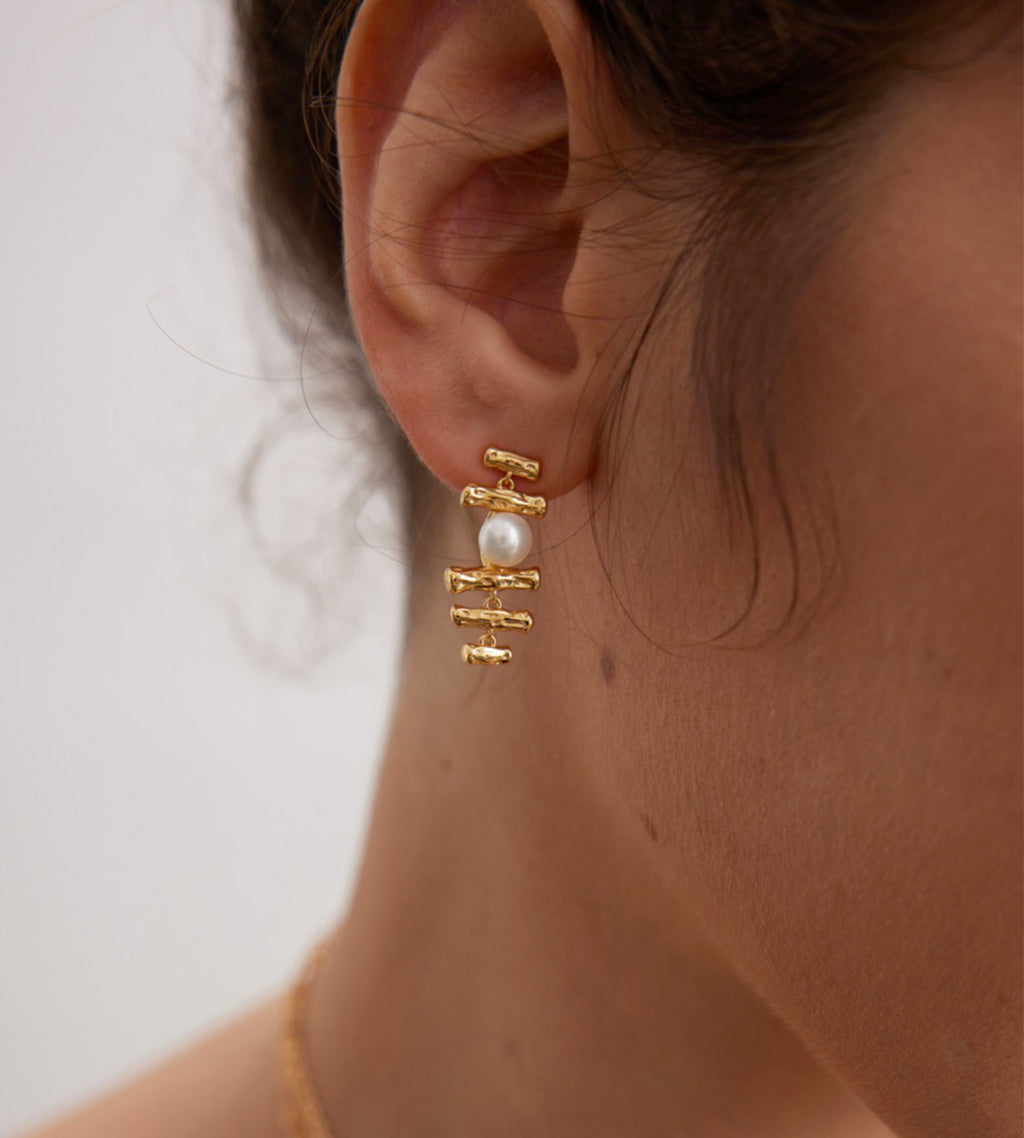Gold Bamboo & Natural Pearl Earrings 18K Gold Plated S925 Silver