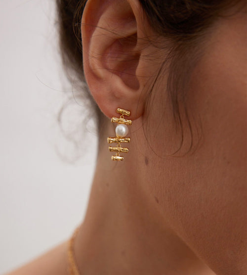 Gold Bamboo & Natural Pearl Earrings 18K Gold Plated S925 Silver