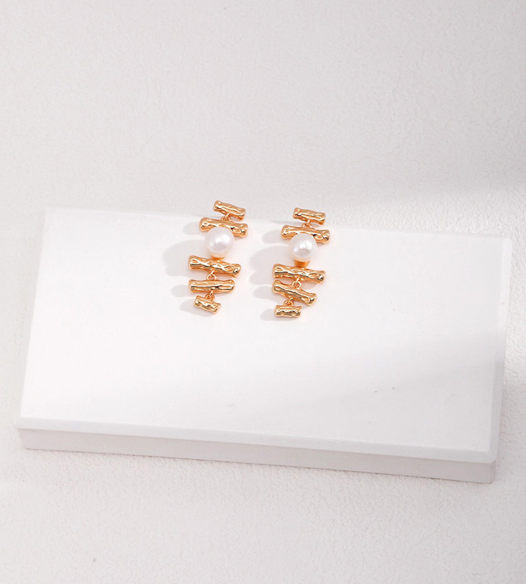 Gold Bamboo & Natural Pearl Earrings 18K Gold Plated S925 Silver
