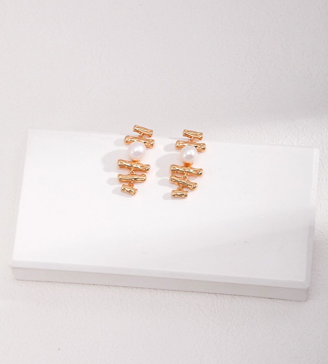 Gold Bamboo & Natural Pearl Earrings 18K Gold Plated S925 Silver