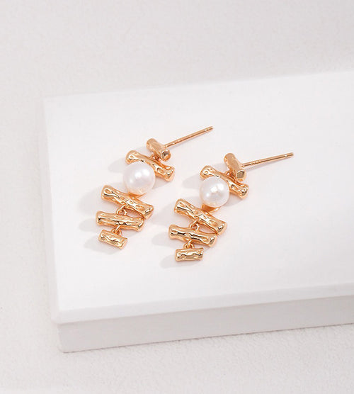 Gold Bamboo & Natural Pearl Earrings 18K Gold Plated S925 Silver