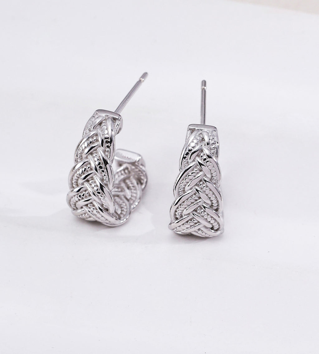 18K White-Gold-Plated S925 Silver Vintage Braided C-Hoop Earrings