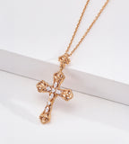18K gold-plated S925 silver cross necklace with engraved scrollwork and cubic zirconia accents in Vintage Gold.