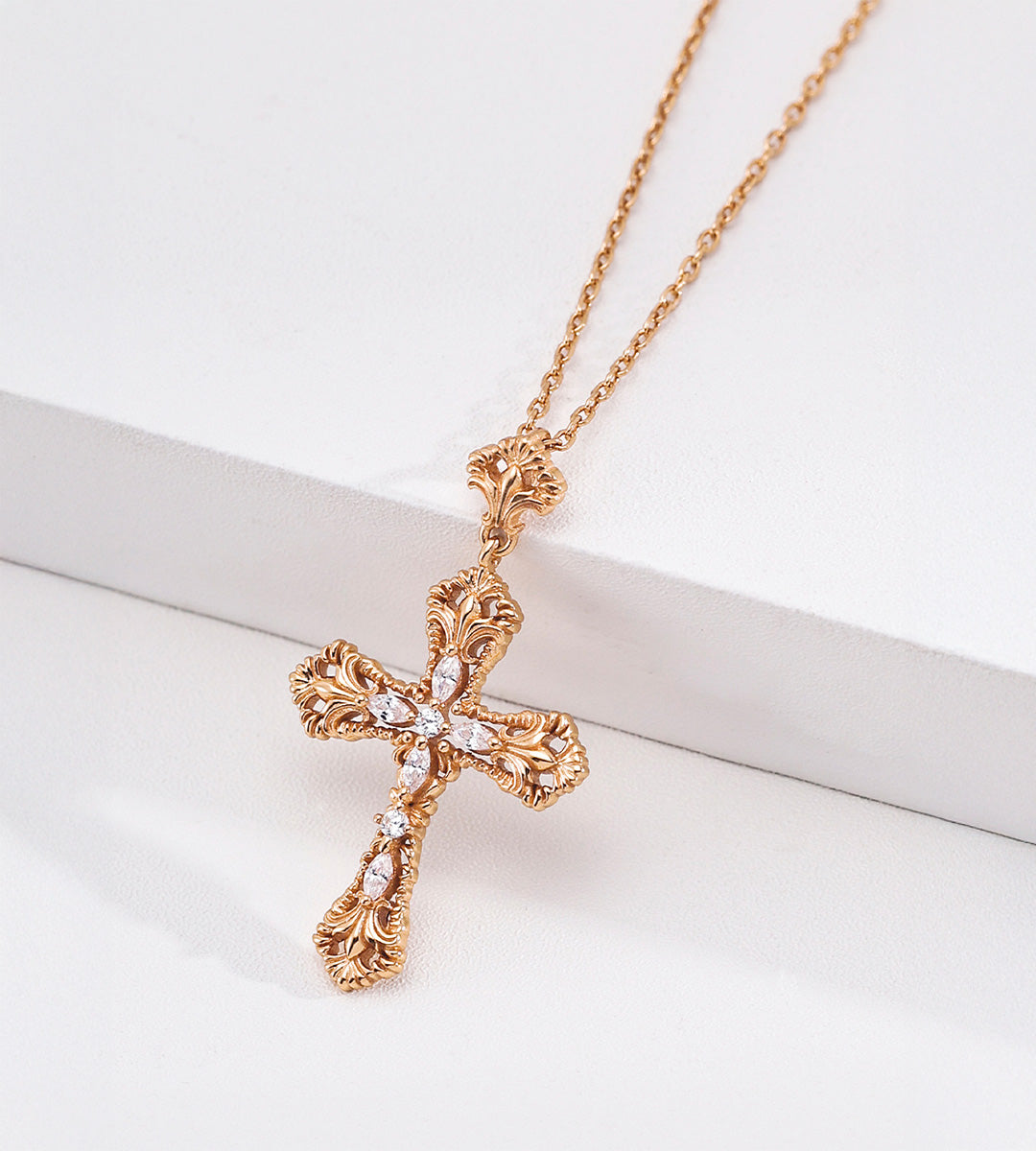 18K gold-plated S925 silver cross necklace with engraved scrollwork and cubic zirconia accents in Vintage Gold.