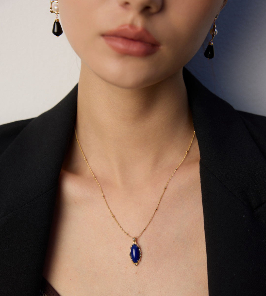 Vintage Lapis Lazuli Pendant Necklace 18K Gold-Plated S925 Silver