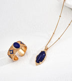 Vintage Lapis Lazuli Pendant Necklace 18K Gold-Plated S925 Silver with ring