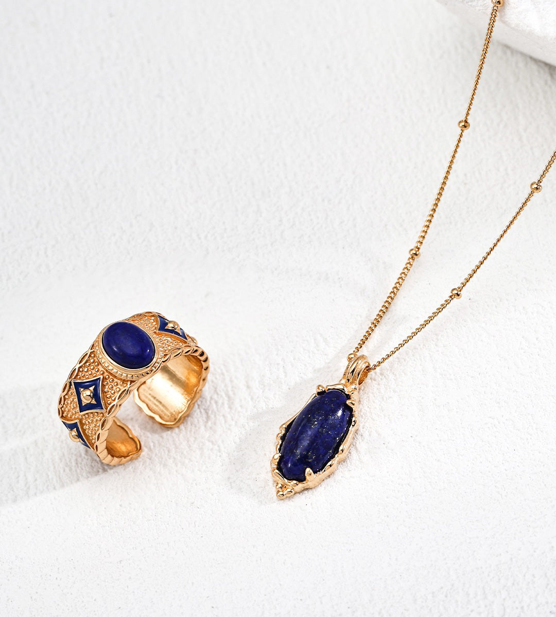 Vintage Lapis Lazuli Pendant Necklace 18K Gold-Plated S925 Silver with ring