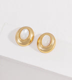 Vintage Mother-of-Pearl Oval Stud Earrings 18K Gold-Plated S925 Silver, Gold Color