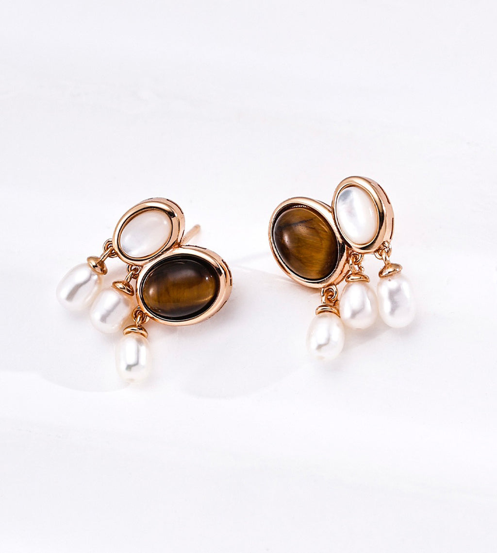 Paired Tiger’s Eye Gemstone Pearl Drop Earrings, 18K Gold Plated on S925 Sterling Silver, Vintage Gold | BUCKLE Collective