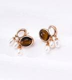 Paired Tiger’s Eye Gemstone Pearl Drop Earrings, 18K Gold Plated on S925 Sterling Silver, Vintage Gold | BUCKLE Collective