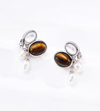 Paired Tiger’s Eye Gemstone Pearl Drop Earrings, 18K Gold Plated on S925 Sterling Silver, White Gold | BUCKLE Collective