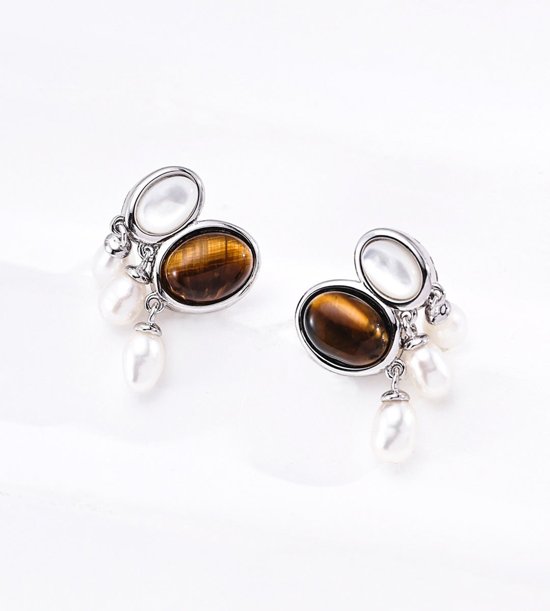 Paired Tiger’s Eye Gemstone Pearl Drop Earrings, 18K Gold Plated on S925 Sterling Silver, White Gold | BUCKLE Collective