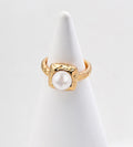 Vintage Gold pearl ring with a square hammered frame, crafted from 18K gold-plated S925 sterling silver, on a white display.