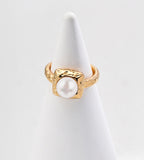 Vintage Gold pearl ring with a square hammered frame, crafted from 18K gold-plated S925 sterling silver, on a white display.