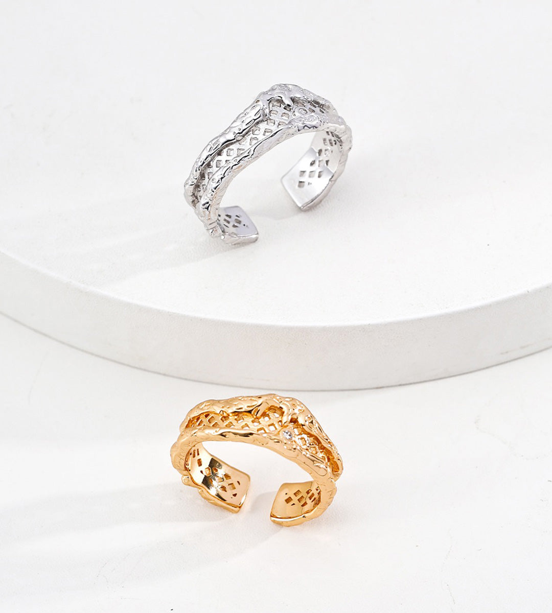 Textured Lattice Adjustable Open Rings 18K Gold-Plated S925 Silver