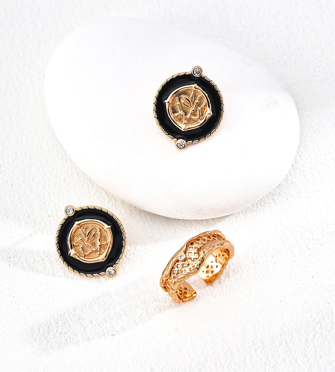 Textured Lattice Adjustable Open Ring 18K Gold-Plated S925 Silver, Gold color