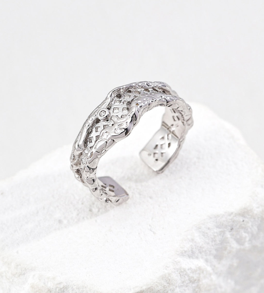 Textured Lattice Adjustable Open Ring 18K Gold-Plated S925 Silver, White Gold color