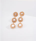18K gold-plated S925 silver pearl drop earrings with three circular tiers, radiating top-disc detail and rope-textured lower frames.
