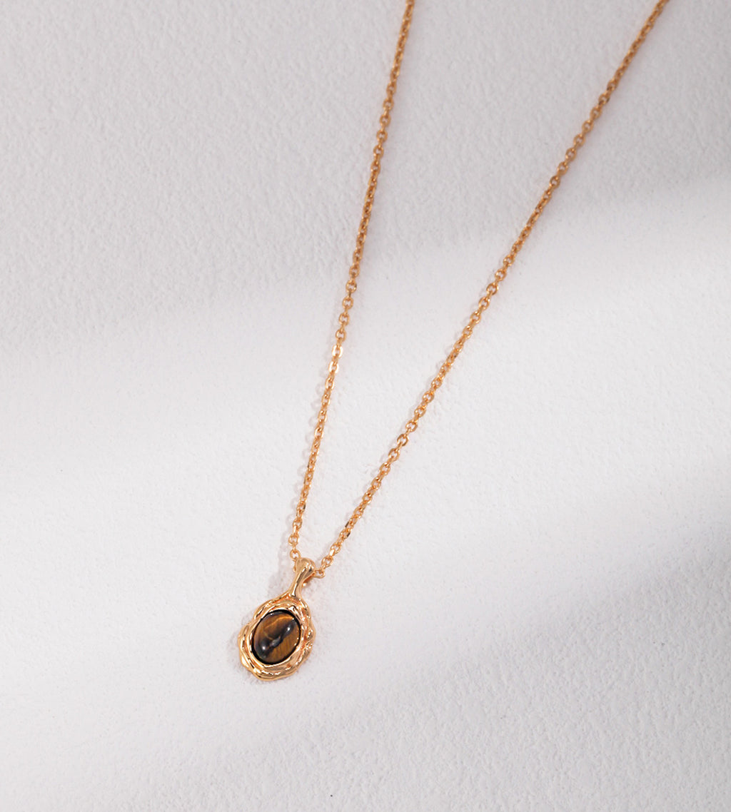 Vintage Tiger's Eye Stone Pendant Necklace 18K Gold Plated S925 Silver