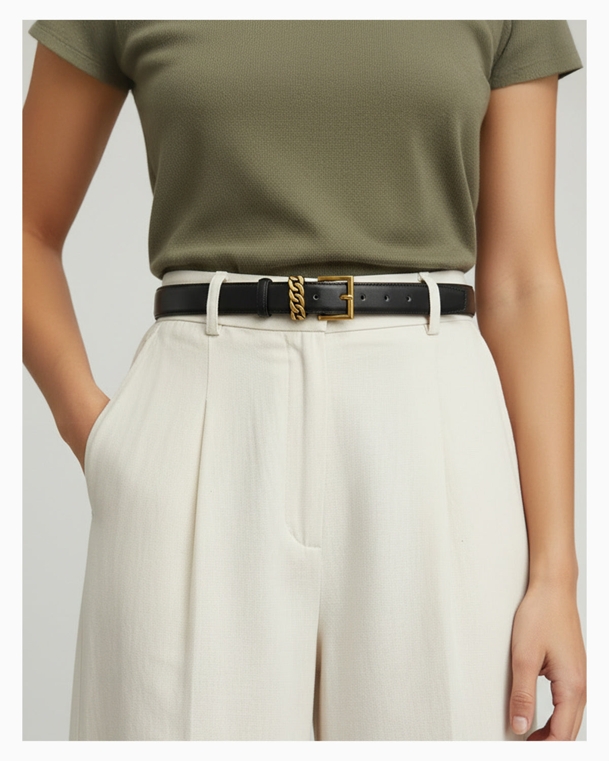 Women's Statement Vintage Style Belt with Gold Buckle & Chain Detail, Black