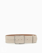 Women's Suede Leather Wide Belt with Silver Buckle, Beige Color