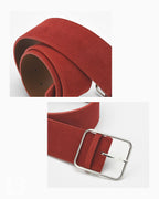 Women's Suede Leather Wide Belt with Silver Buckle, Red Color