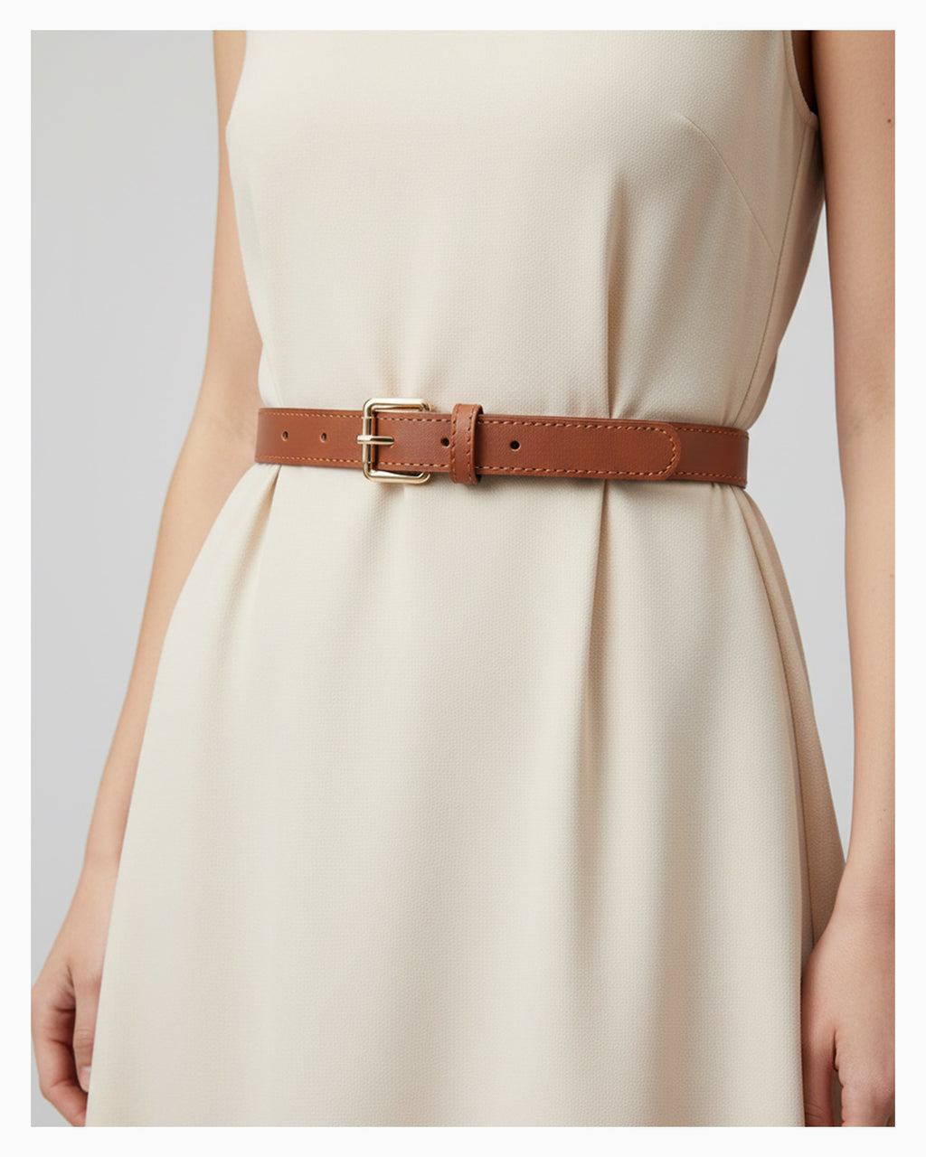 Women's Classic Belt with Gold Rectangular Buckle, Camel Color Belt