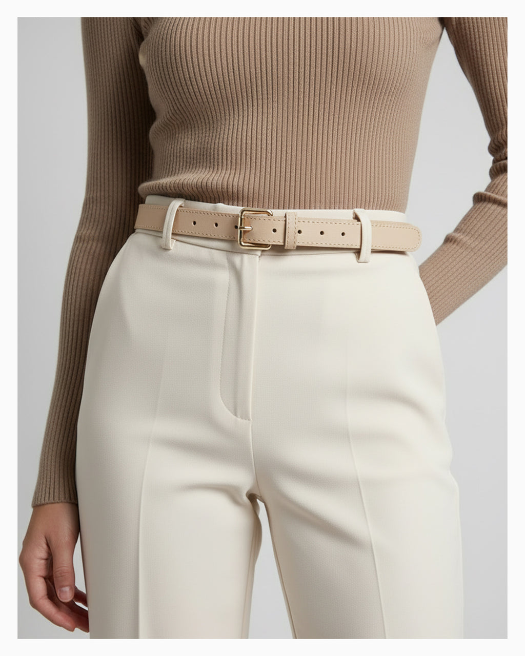 Women's Classic Belt with Gold Rectangular Buckle, Khaki Color Belt
