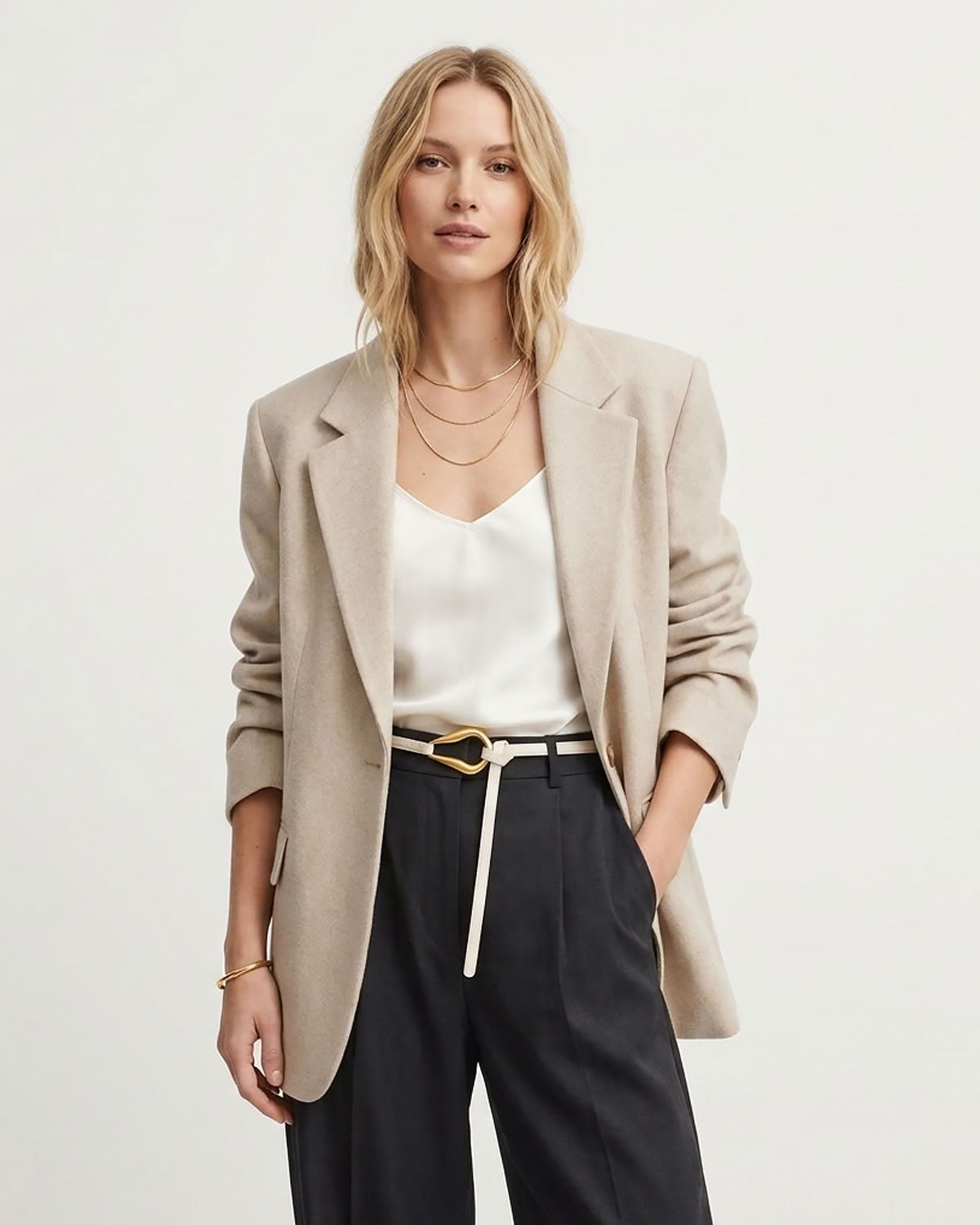 A woman modeling a beige oversized blazer over a white camisole, paired with dark charcoal trousers and a White Slim Knotted Leather Belt with a gold-toned loop hook Buckle