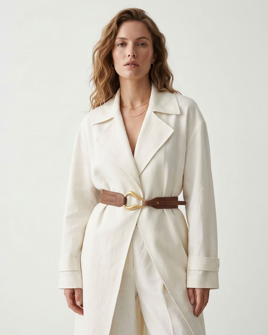 A woman wearing a cream-colored wrap coat with a Caramel-colored Leather Belt with a sculptural gold-toned hook clasp by BUCKLE Collective