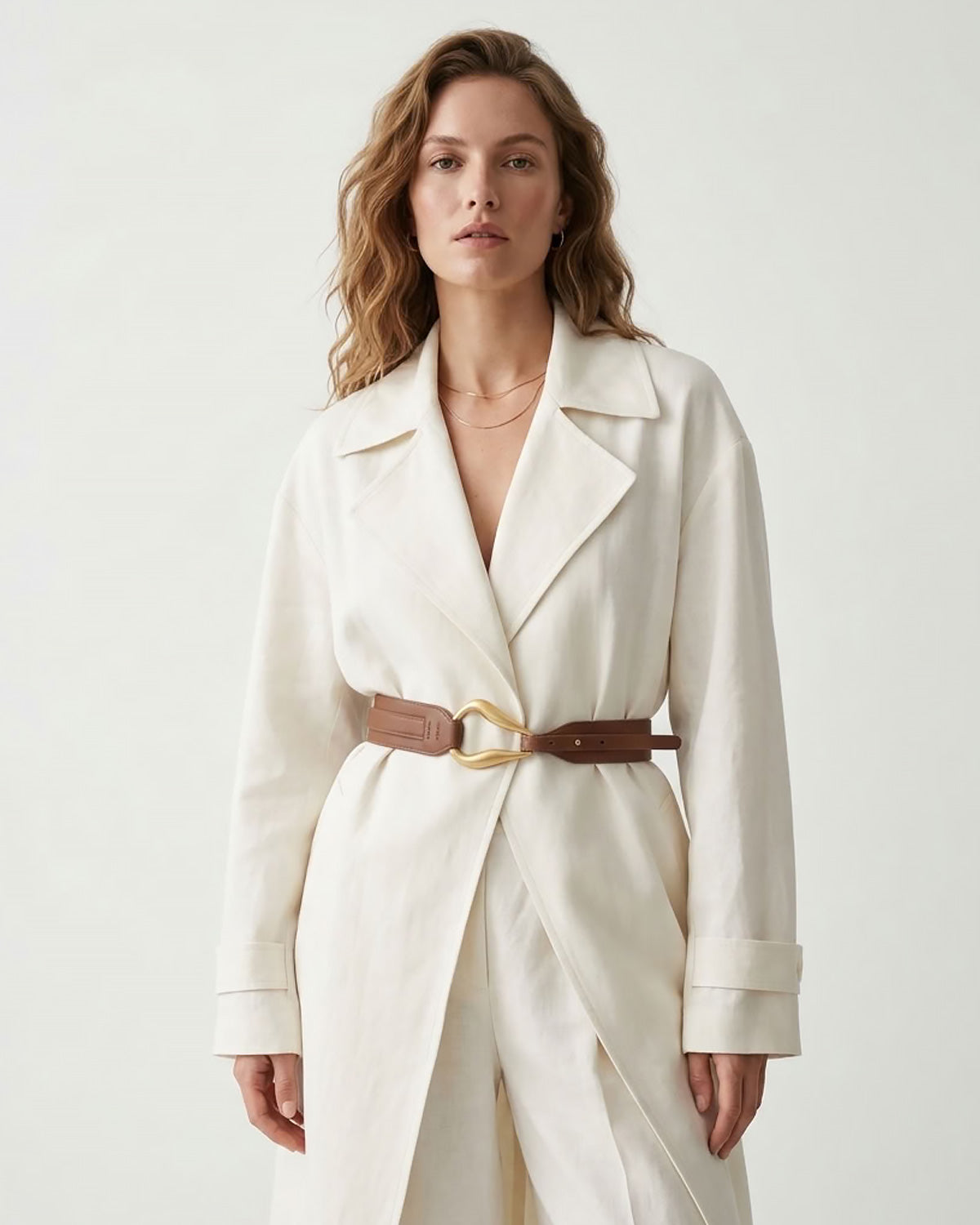 A woman wearing a cream-colored wrap coat with a Caramel-colored Leather Belt with a sculptural gold-toned hook clasp by BUCKLE Collective