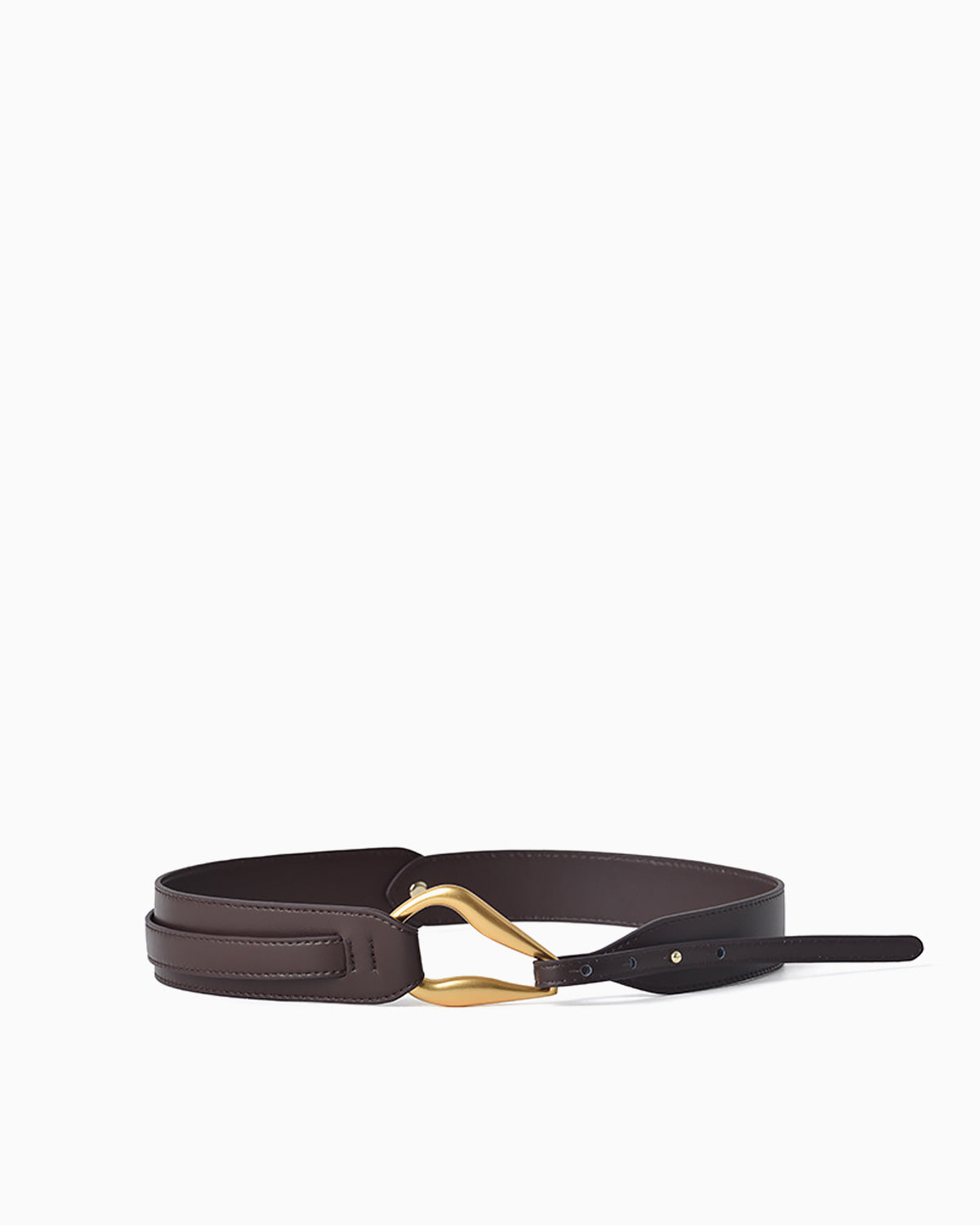 Coffee-colored Leather Belt with a sculptural gold-toned hook clasp | BUCKLE Collective