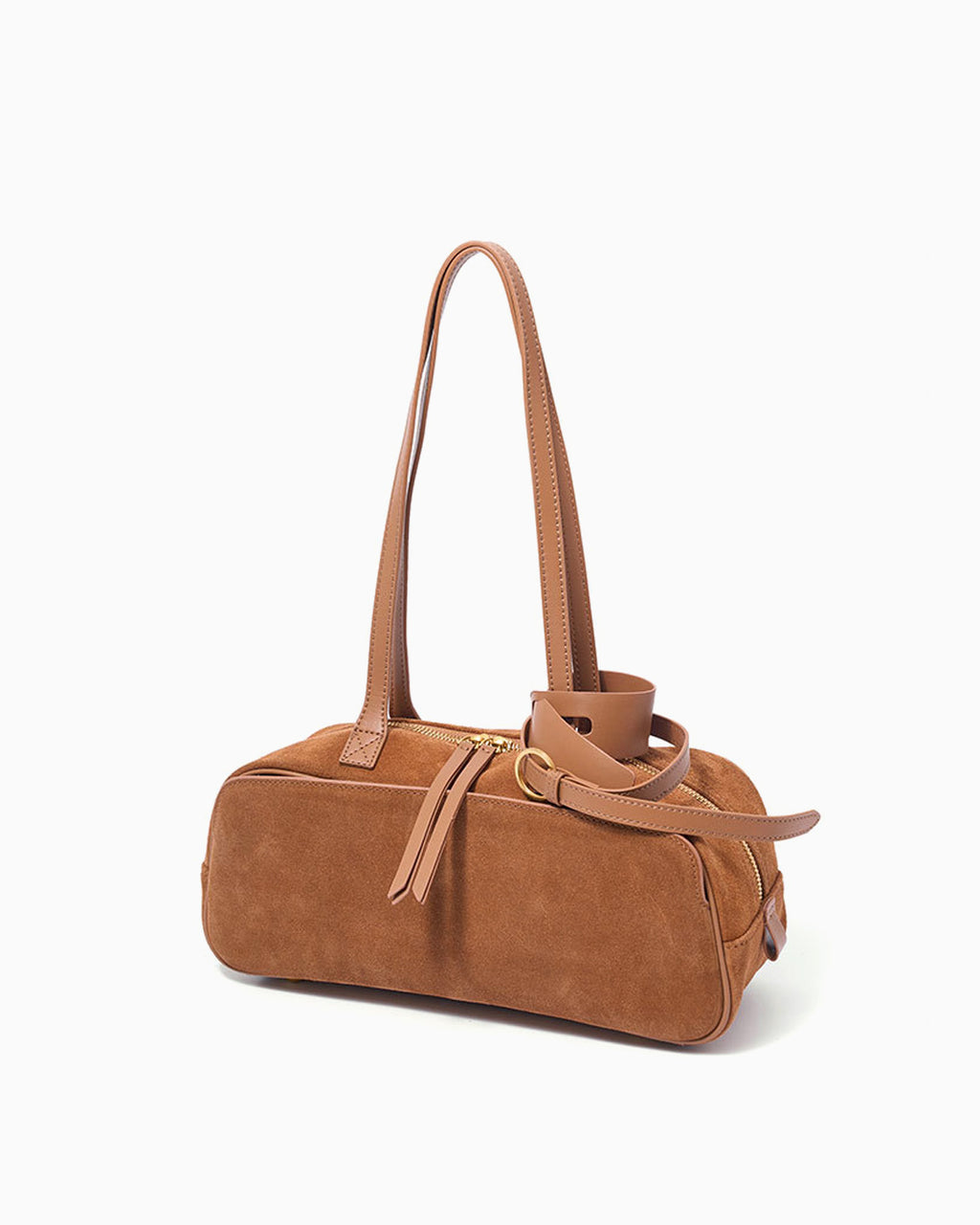 Side view of the Women's Minimalist Suede Boston Handbag with Gold Details, Yellow-Brown Color