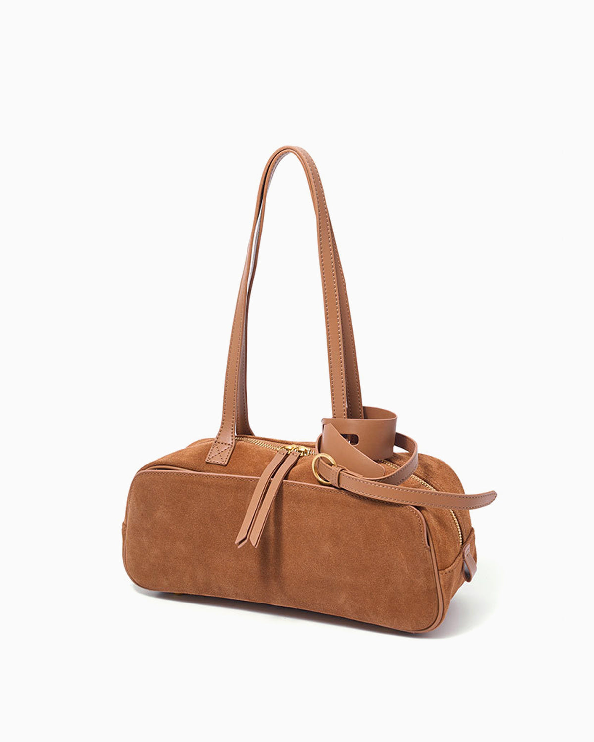 Women's Minimalist Suede Boston Handbag with Gold Details, Yellow Brown Color